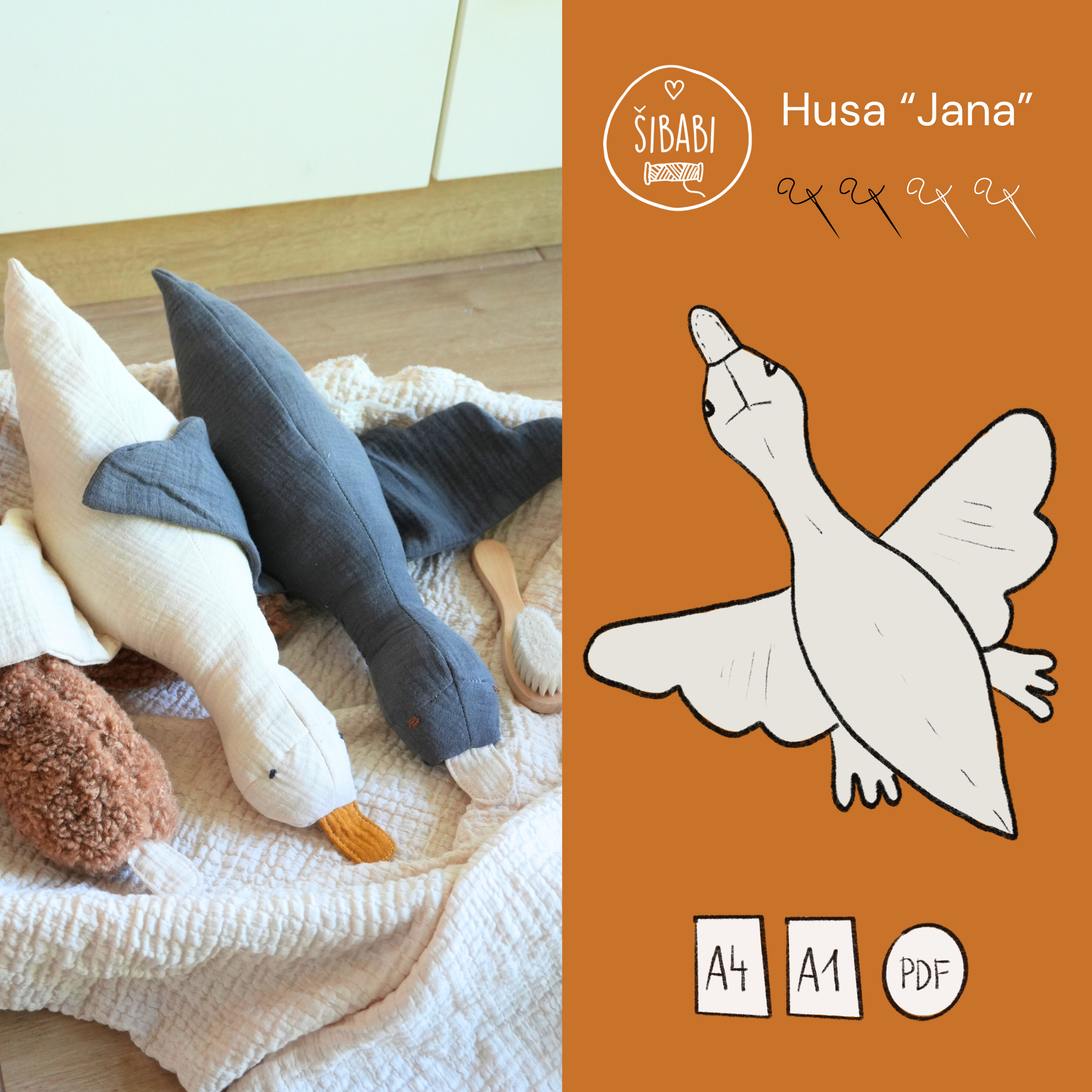 střih na hračku pro miminko - měkká husa Jana