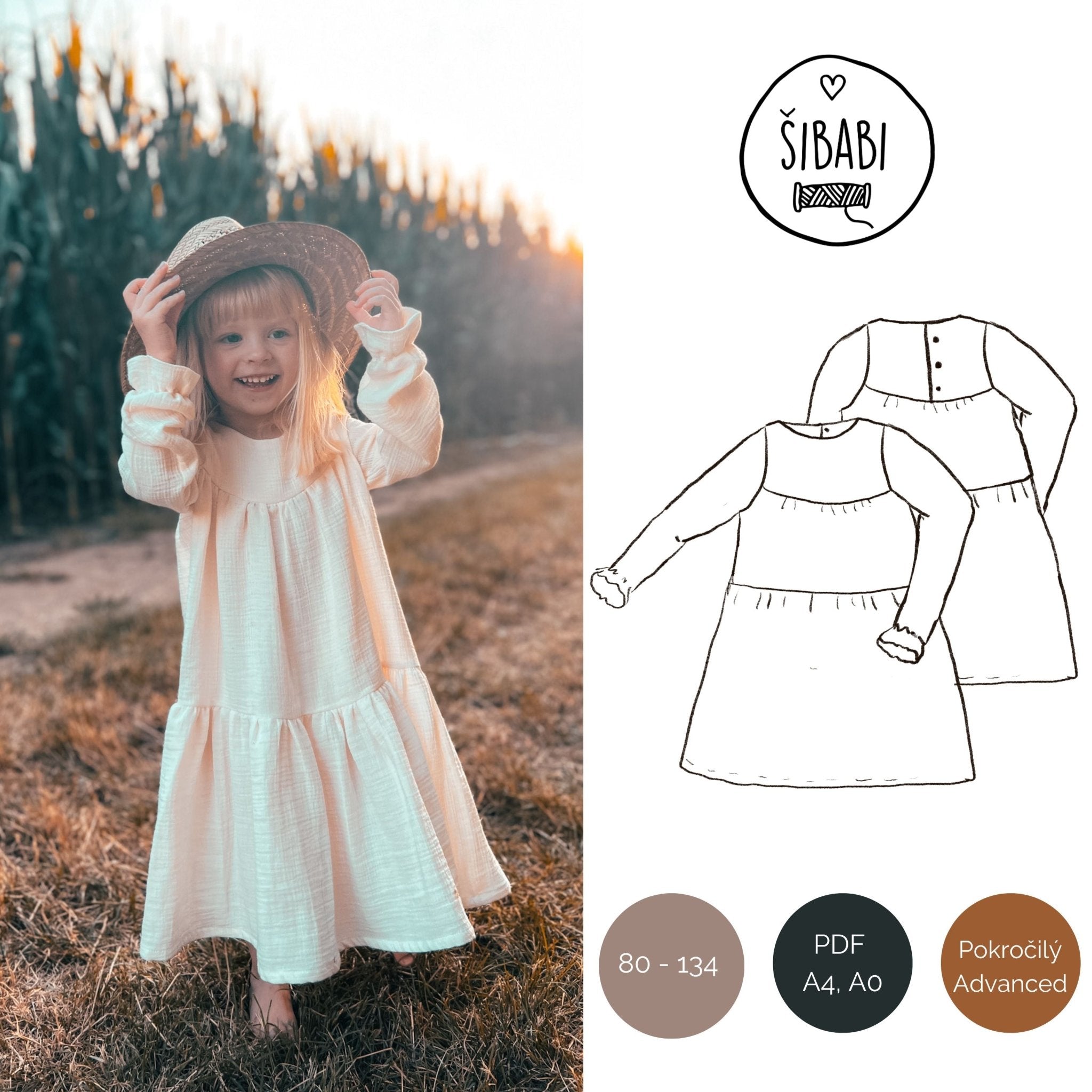 Střih na dětské mušelínové šaty "Romance" - 80 - 134 - Šibabi.cz