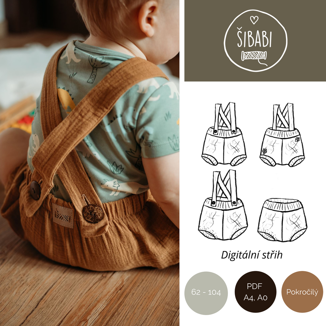 PDF střih na dětské šortky s laclem na knoflíčky "Joss"