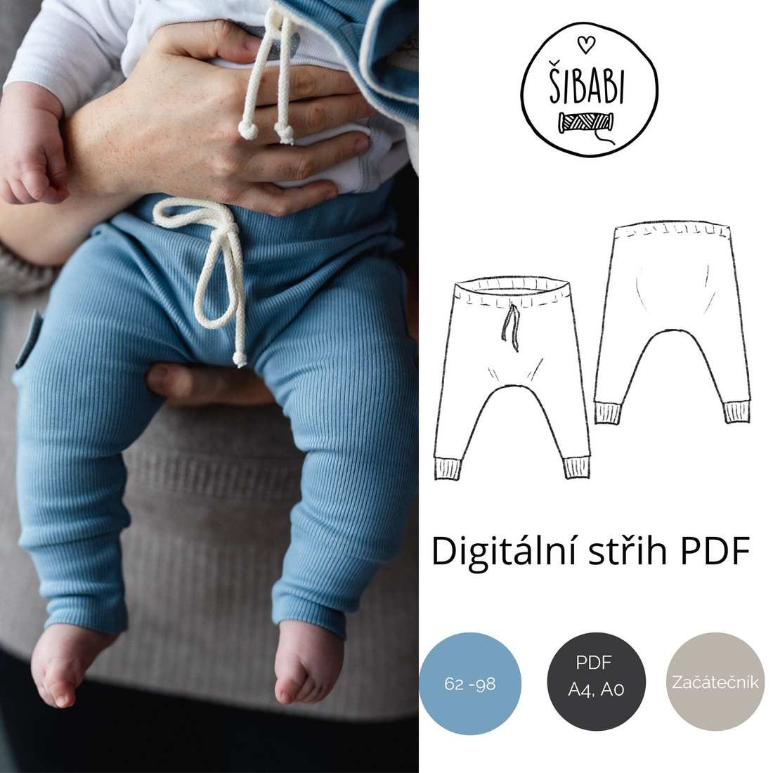 Dětské slim harémky Nony pro začátečníky - PDF střih 62-98 - ukázka střihu
