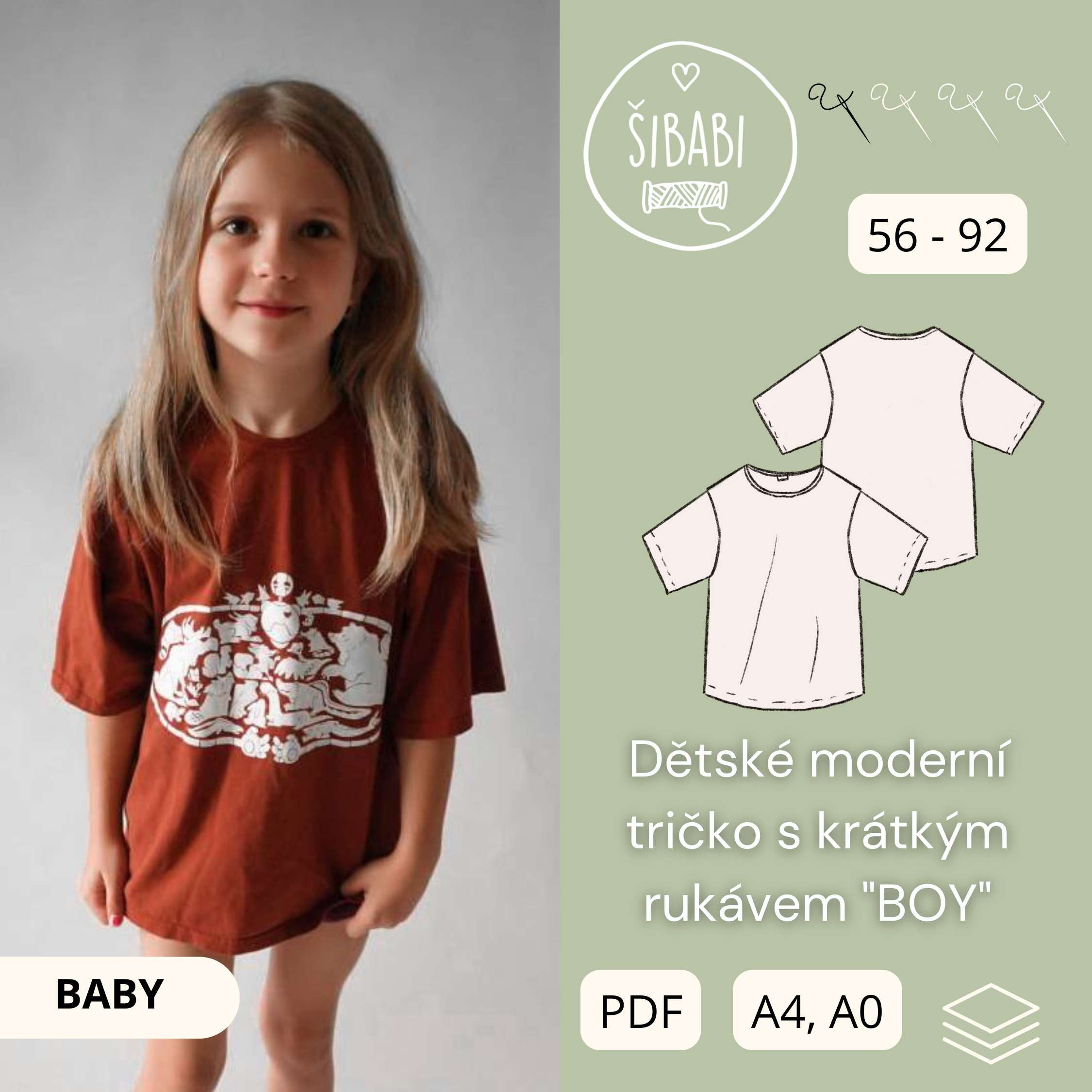 PDF střih na dětské moderní tričko s krátkým rukávem "BOY" - 56 - 92