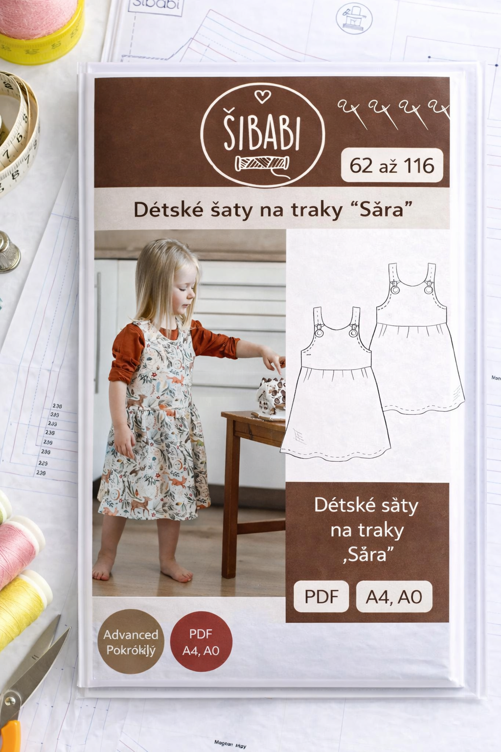 Papírový střih na dětské šaty na traky "Sára" - 62 - 116