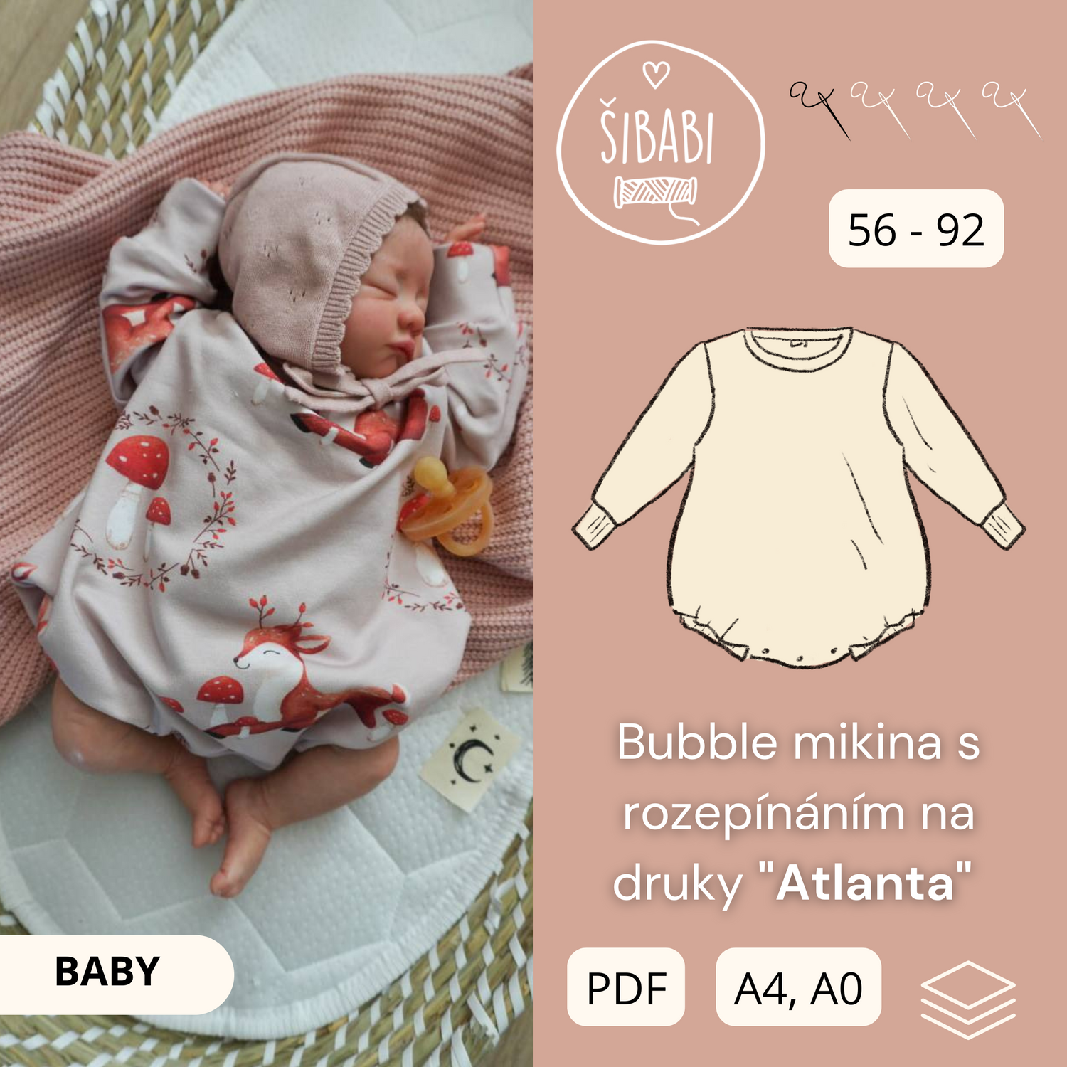 PDF střih na Bubble mikinu s rozepínáním na druky "Atlanta" 56 - 92